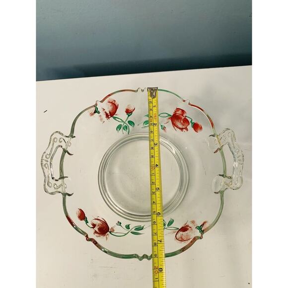 Hand Painted Red Rose Clear Glass Bowl Basket w/ Handles Flower Design - Picture 5 of 10
